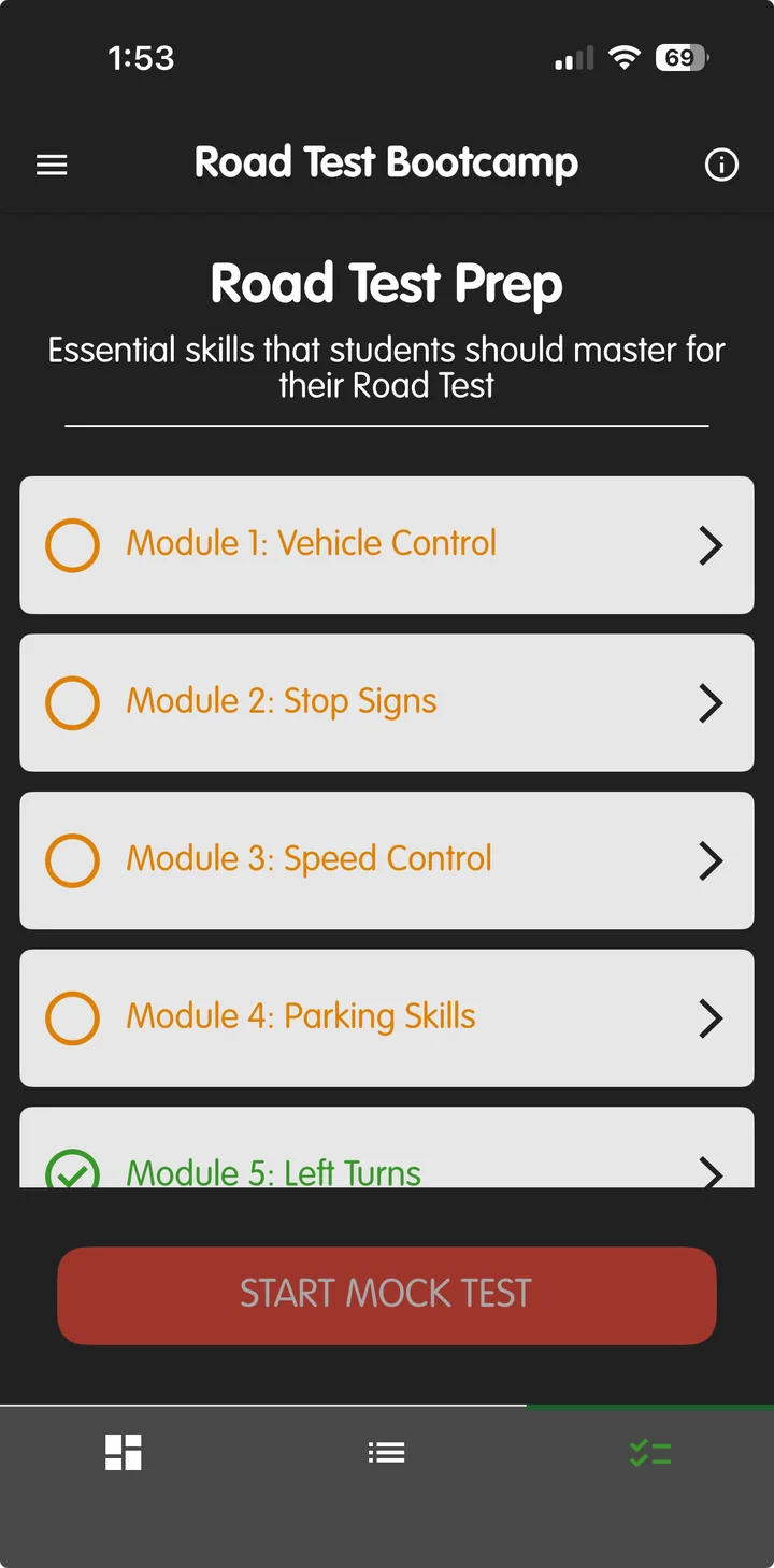 Road Test Bootcamp training module list